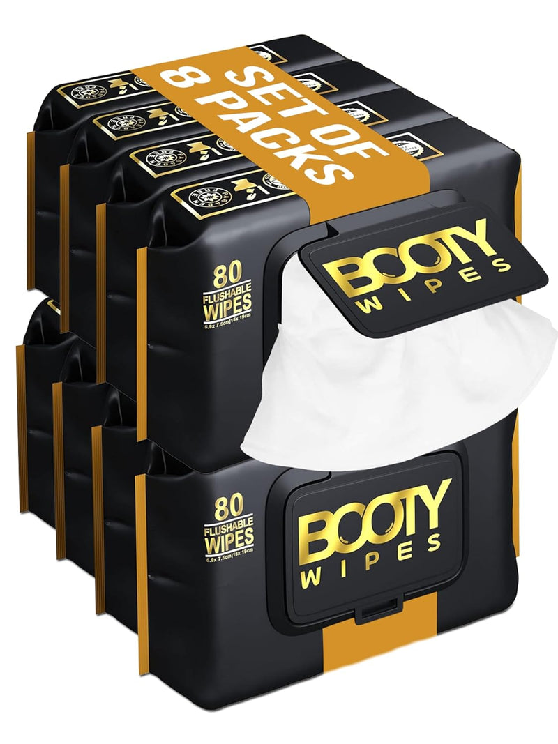 Booty Wipes For Him 8-pack bulk set – 640 flushable wet wipes, matte black and gold packaging