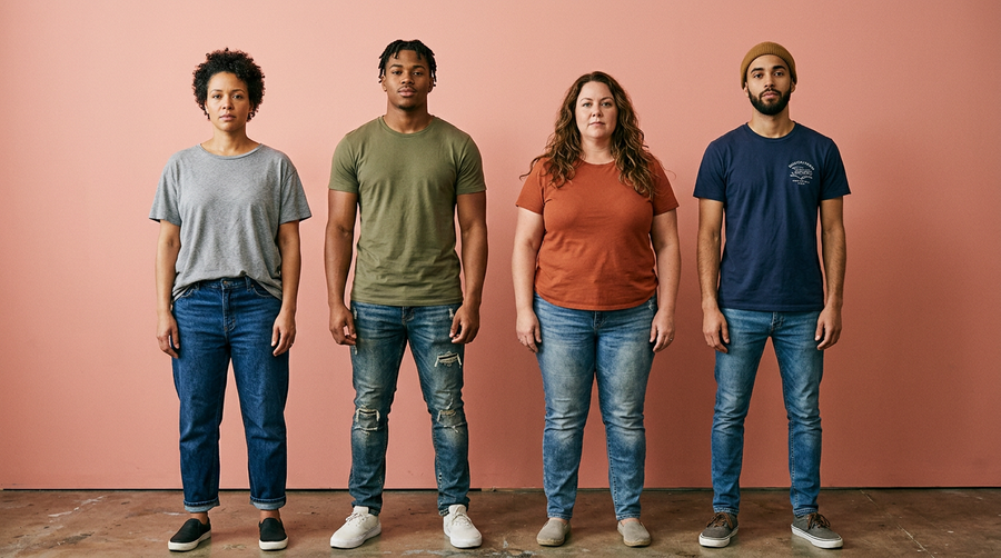 Four people standing in front of a pink wall