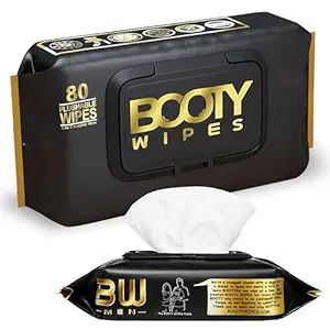 Booty Wipes For Him flushable wet wipes – matte black and gold packaging, 80 wipes per pack