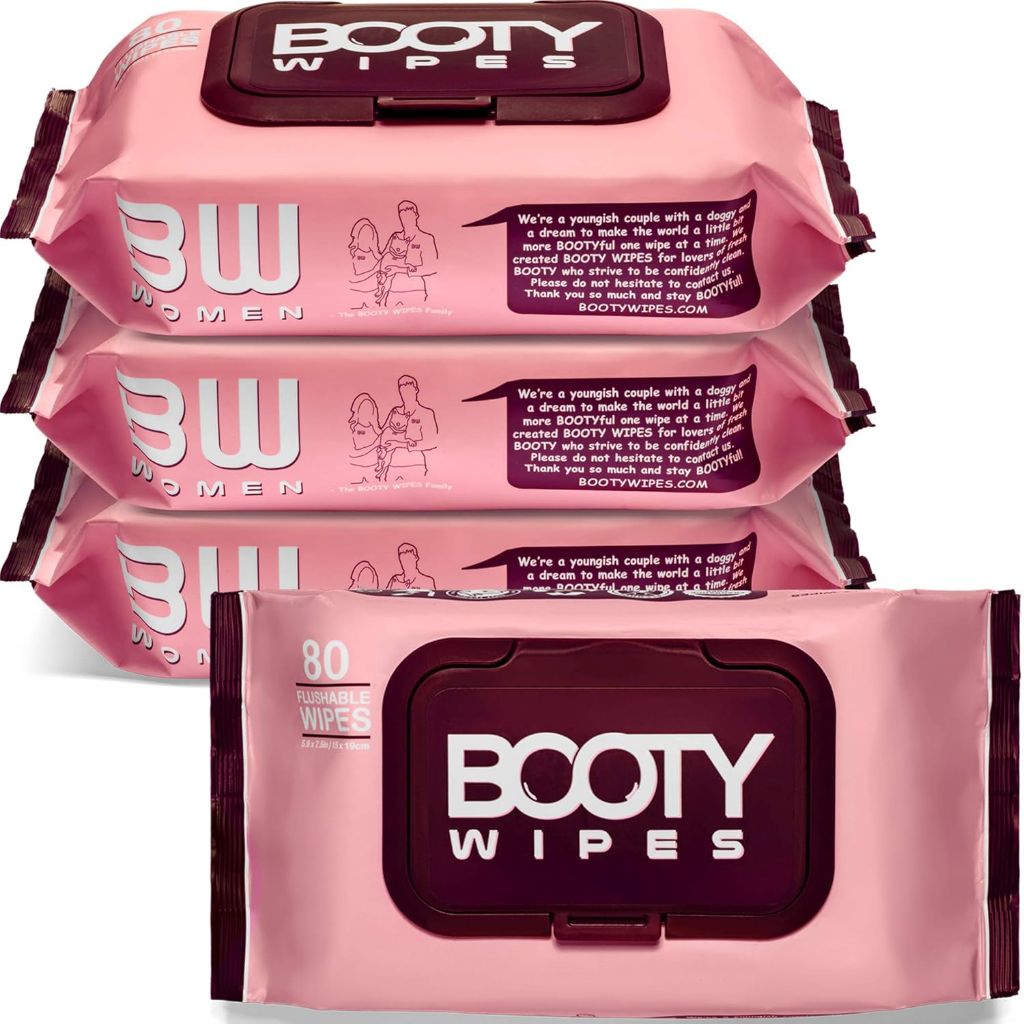 Booty Wipes For Her flushable wet wipes – pink packaging, 80 wipes per pack
